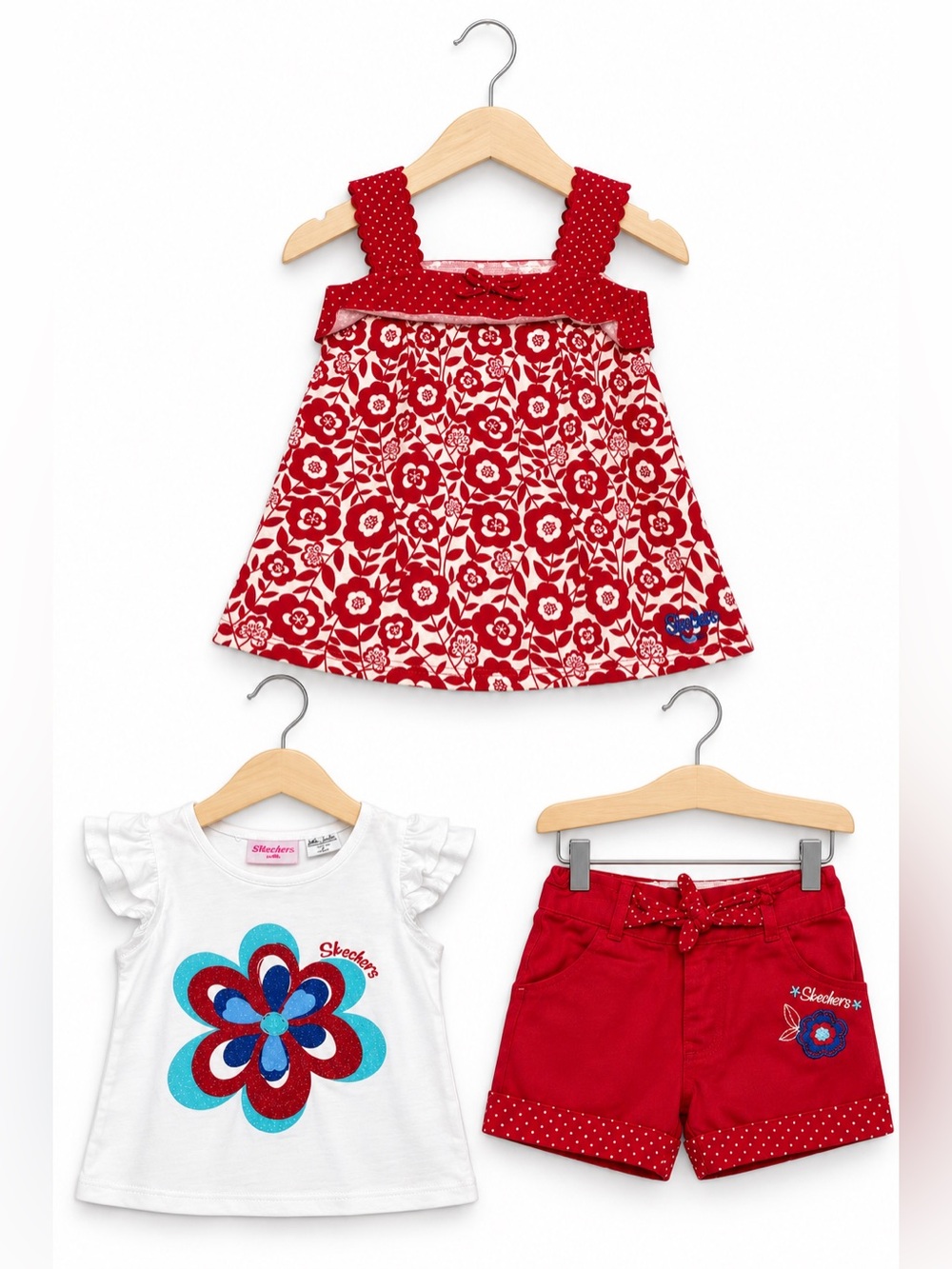 Skechers Girls 3 Piece Outfit Floral Tunic Glitter Tee Red Shorts Size 6